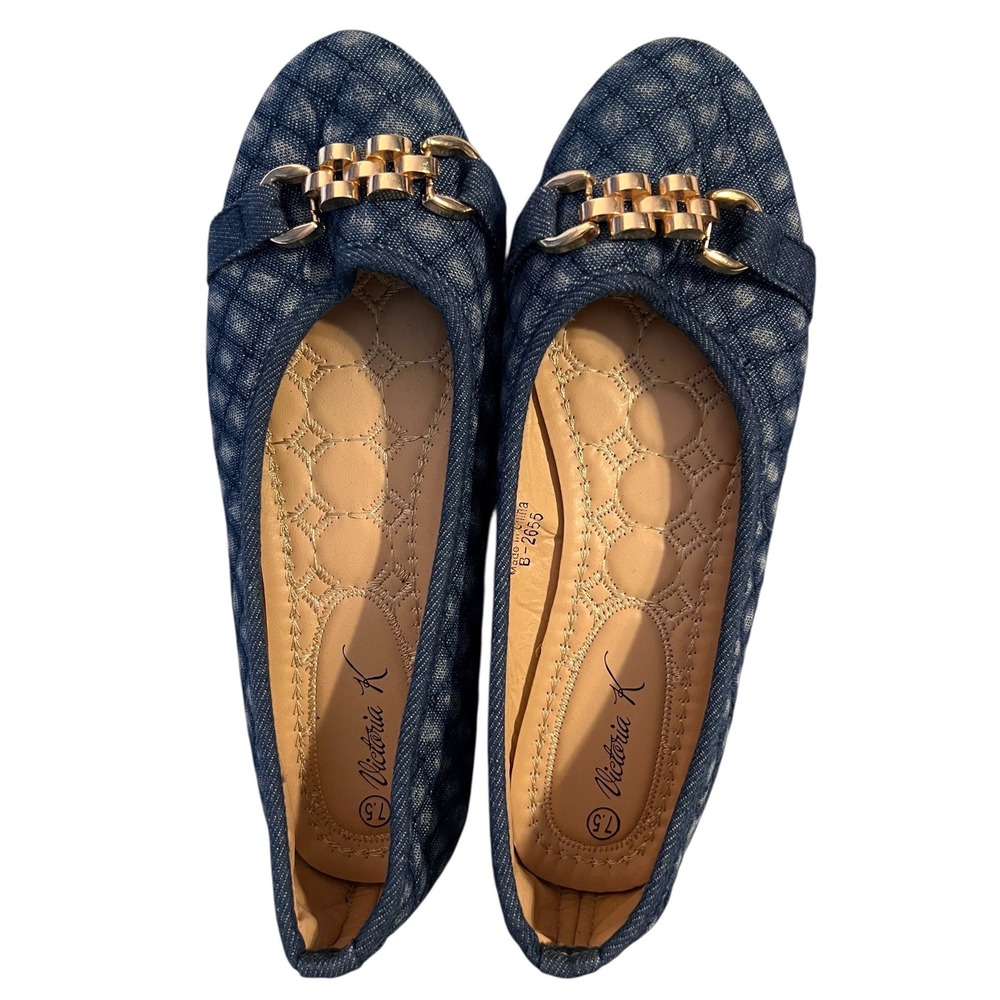 Victoria K Women's Denim Quilted Ballet Flats Gold Chain Accent Size 7.5